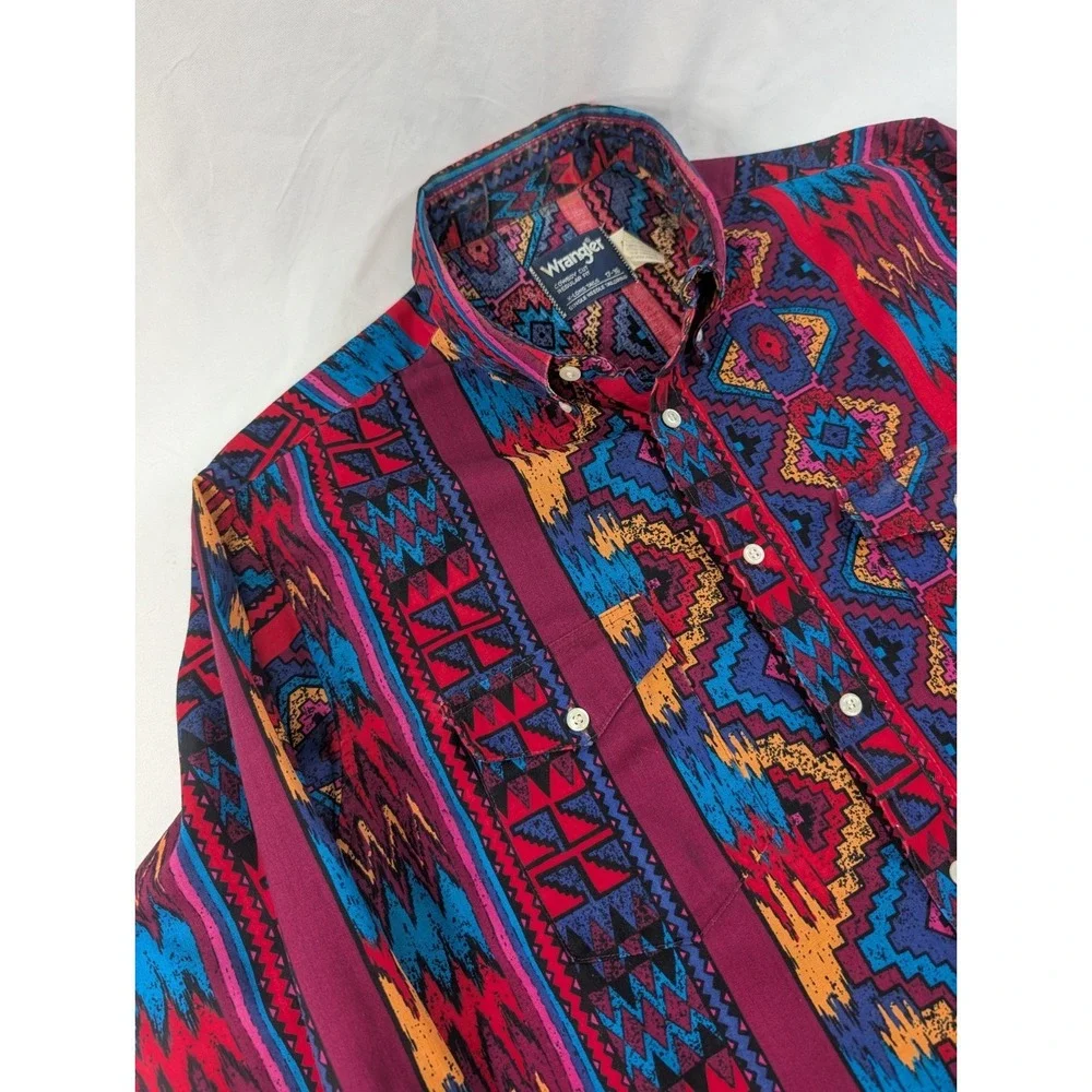 Vintage Wrangler Shirt Mens 17 36 XL Brushpopper Cowboy Aztec X Long Tails 90s - Picture 2 of 8
